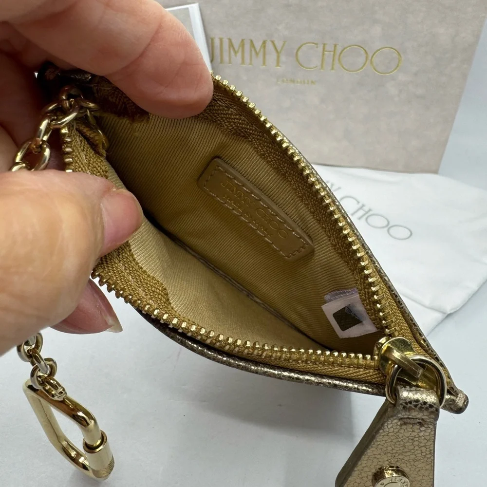 Jimmy Choo Leather Key cles Neptune Star Studs Metallic Gold Zipper Coin 19439 - Picture 4 of 5
